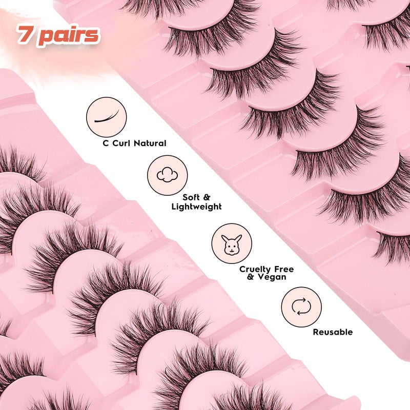 Siligli Wispy Lashes False Eyelashes 16mm Strip Lashes Fluffy Eyelashes C Curl Lash Strips Fake Eyelashes Natural with 0.1MM Thin Cotton Band Siligli 3D Volume Eyelash Pack 7 Pair - Image 5