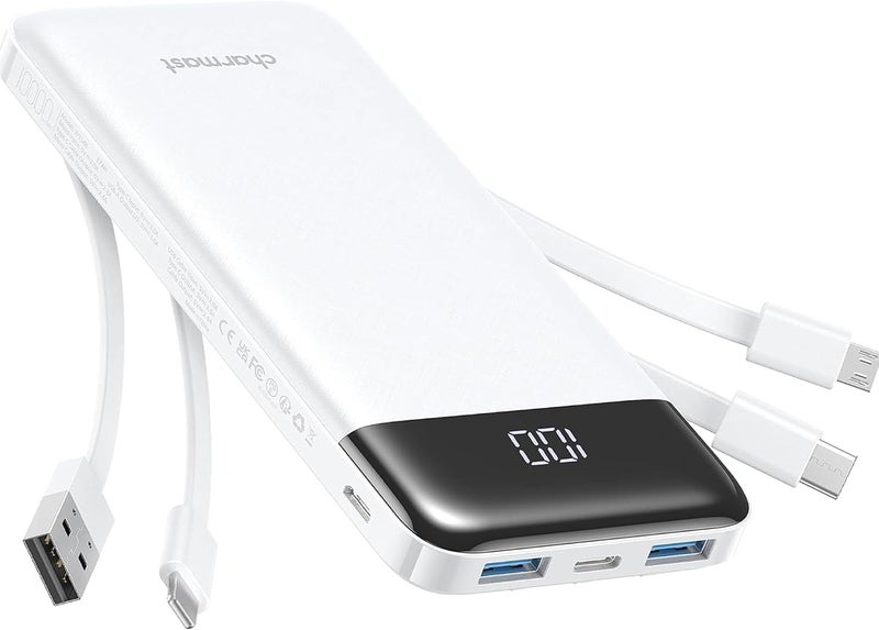 Charmast Power Bank with Built in Cable, 10000mAh USB C Battery Pack 6 Outputs 2 Inputs with LED Display Type C Powerbank Portable Charger Compatible with Smartphones Tablets and More-White - Image 1