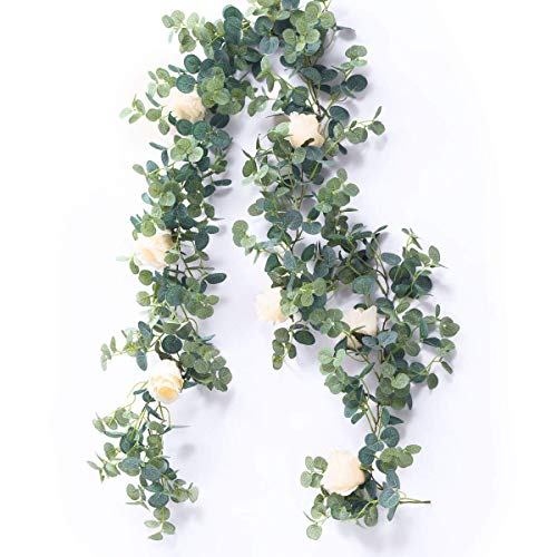 Partyjoy PARTY JOY 6.56ft Eucalyptus Garland with Flowers-8 Champagne Roses-Lush,Natural Looking, Floral Garland Greenery for Party Wedding Table Indoor Outdoor Backdrop Wall Decor（Champagne,1） - Image 1