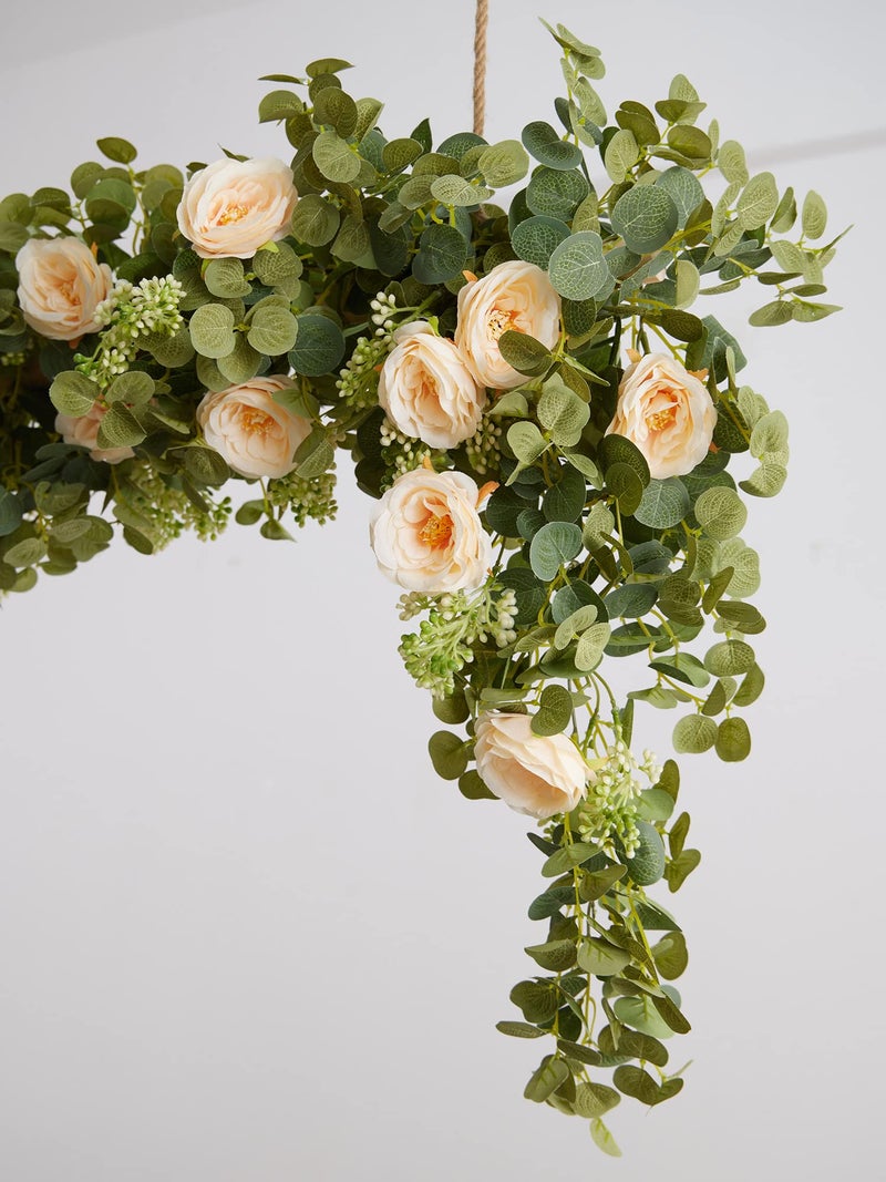 Partyjoy PARTY JOY 6.56ft Eucalyptus Garland with Flowers-8 Champagne Roses-Lush,Natural Looking, Floral Garland Greenery for Party Wedding Table Indoor Outdoor Backdrop Wall Decor（Champagne,1） - Image 4