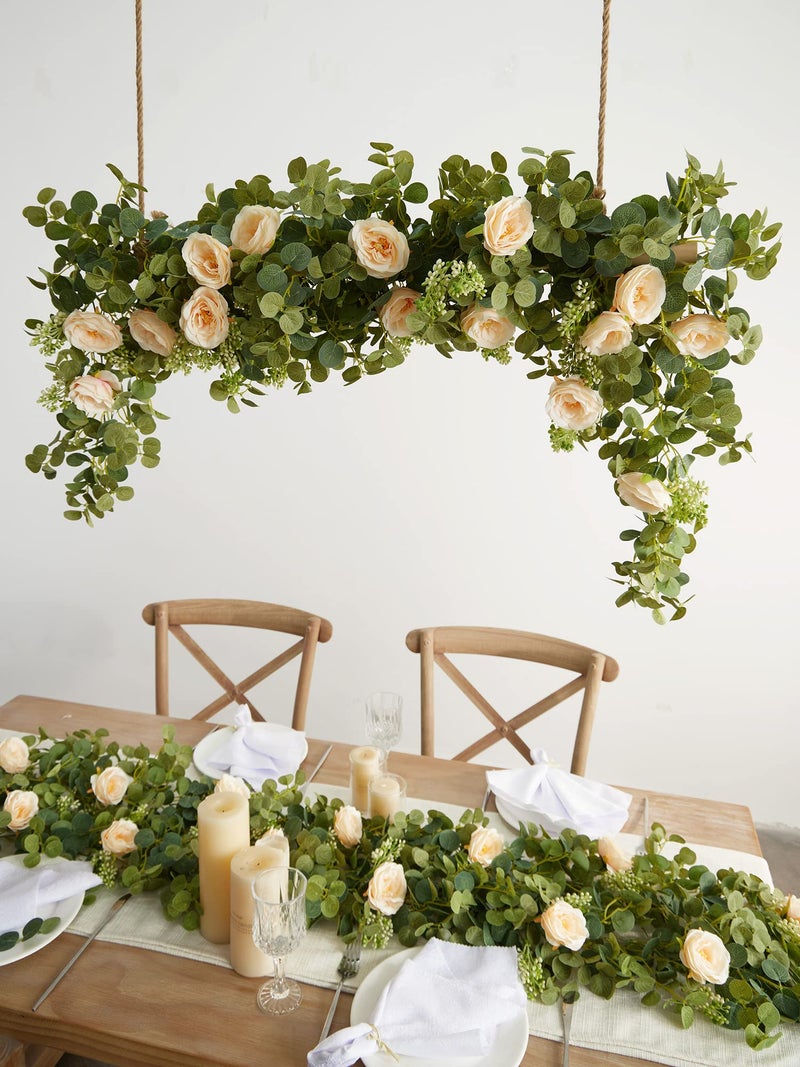 Partyjoy PARTY JOY 6.56ft Eucalyptus Garland with Flowers-8 Champagne Roses-Lush,Natural Looking, Floral Garland Greenery for Party Wedding Table Indoor Outdoor Backdrop Wall Decor（Champagne,1） - Image 3