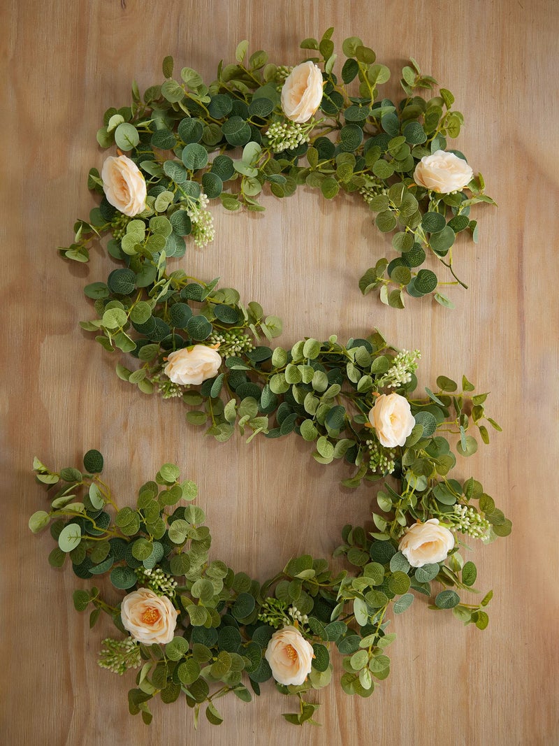Partyjoy PARTY JOY 6.56ft Eucalyptus Garland with Flowers-8 Champagne Roses-Lush,Natural Looking, Floral Garland Greenery for Party Wedding Table Indoor Outdoor Backdrop Wall Decor（Champagne,1） - Image 2