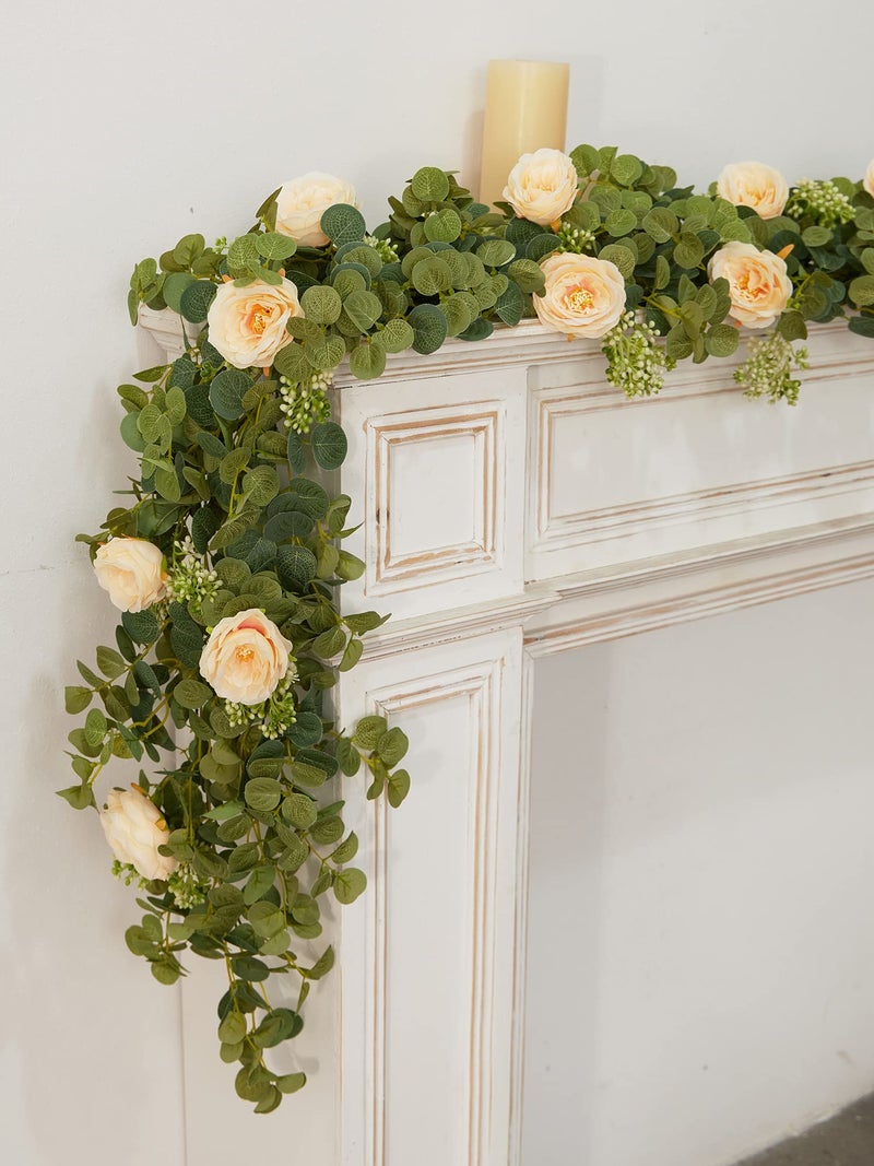 Partyjoy PARTY JOY 6.56ft Eucalyptus Garland with Flowers-8 Champagne Roses-Lush,Natural Looking, Floral Garland Greenery for Party Wedding Table Indoor Outdoor Backdrop Wall Decor（Champagne,1） - Image 5