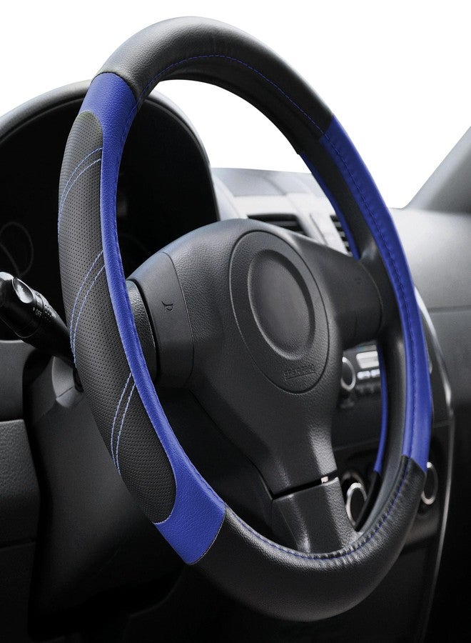 Elantrip Steering Wheel Cover Leather 14 1/2 to 15 inch Universal Padded Soft Grip Breathable for Car Truck SUV Jeep Anti Slip Blue and Black - Image 1