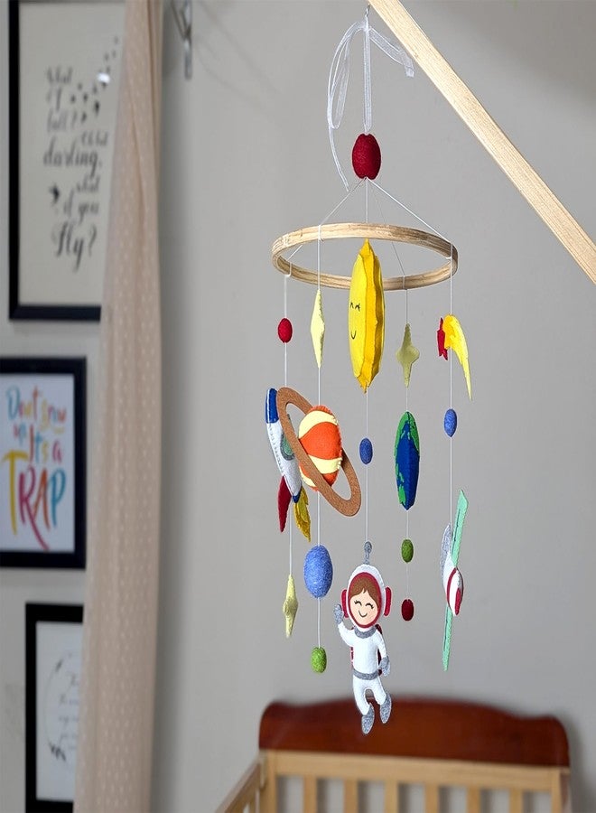 AGD HANDMADE Space Theme Baby Cot Mobile, Baby Nursery Room Decoration, Astronaut Sun Rocket Moon Planet, Baby Sower Gifts (20cm Wooden Ring, Felt Fabric) - Image 1