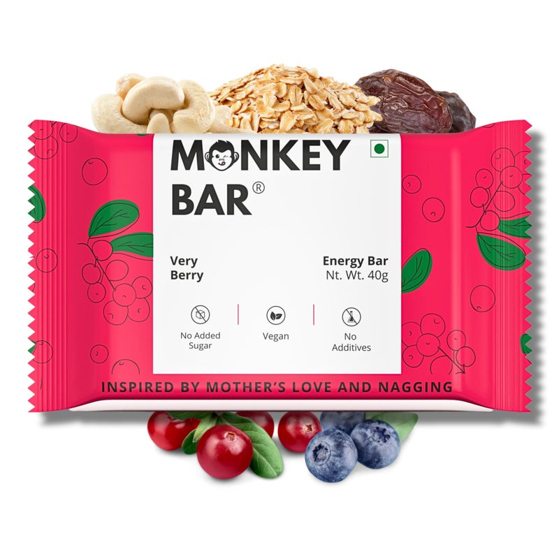 MONKEY BAR - Very Berry Energy Bar - 10 Bars, 40g each, Just 5 Plant-based Ingredients, Best for Healthy Clean Protein-rich Snack, Dairy Free, Vegan, No Chemical Additives, Cranberry - Image 1