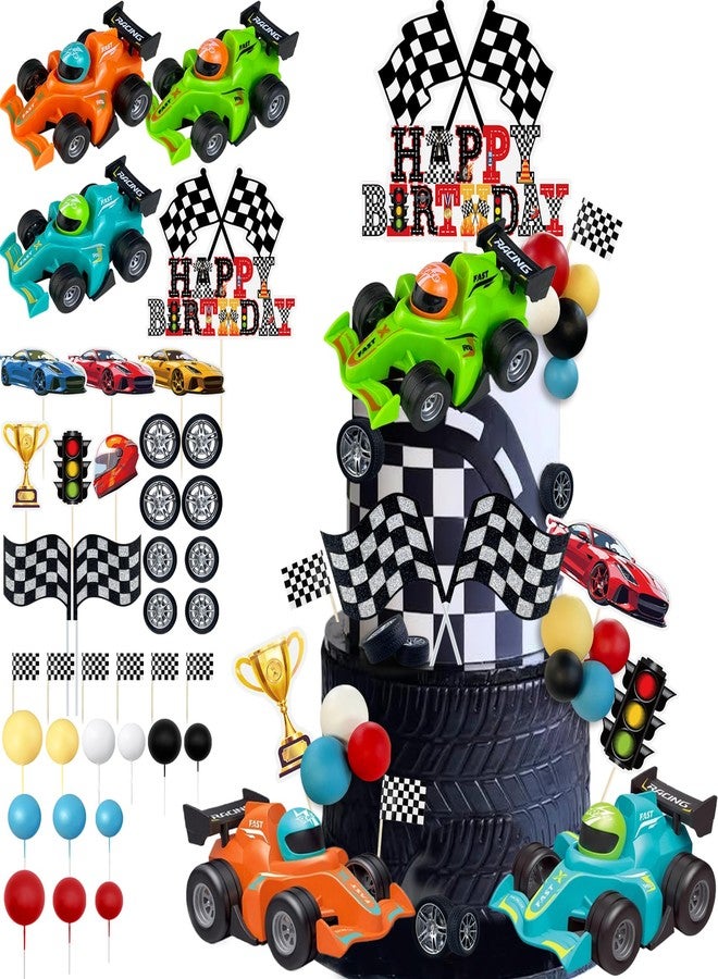 KEEPARTY 37PCS Race Car Cake Decoration 3 Colors Car cake Topper Red Black Yellow Blue White Ball Truck Themed Party Supplies - Image 1
