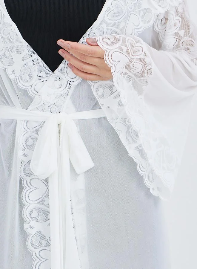 Styli Styli Hooded Mesh and Lace Detail Maxi Robe
