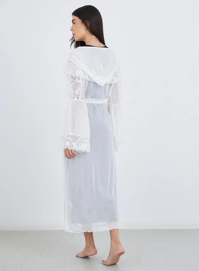 Styli Styli Hooded Mesh and Lace Detail Maxi Robe