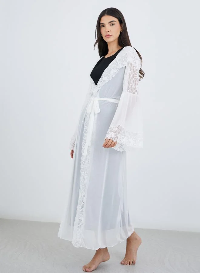 ستايلي Styli Hooded Mesh and Lace Detail Maxi Robe