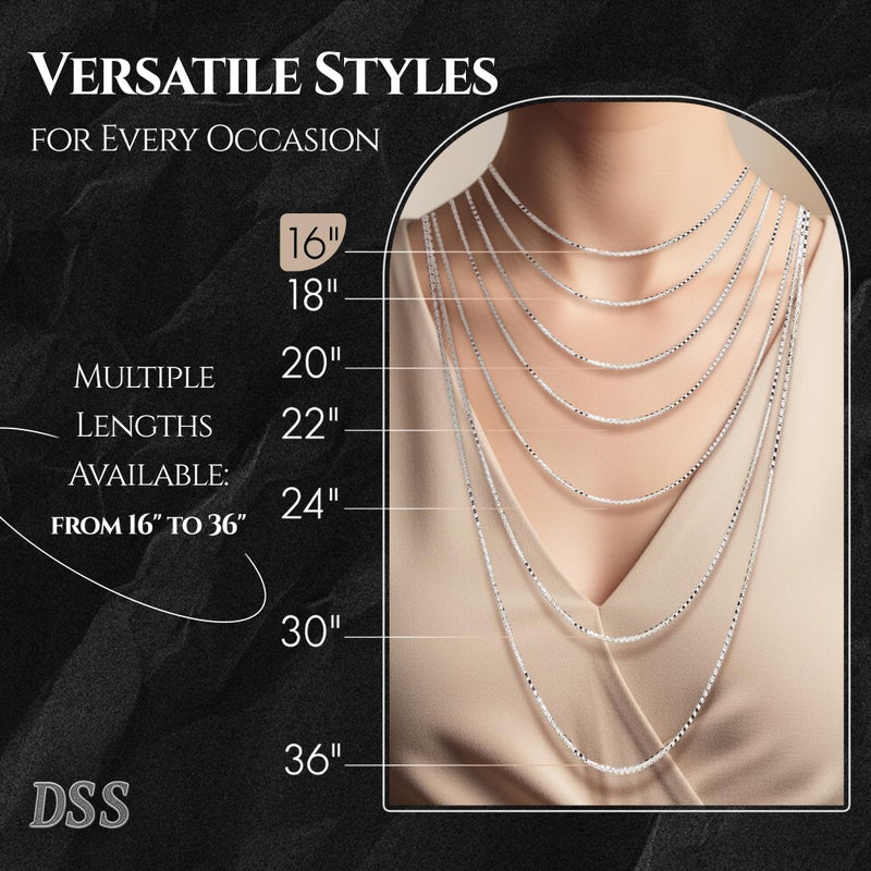 Designer Sterling Silver قلادة من الفضة الإسترليني 925 للنساء، سلسلة صندوقية 0.8 مم، مشابك مخلب الكركند، سلسلة فضة إسترليني، مجوهرات إيطالية للنساء، 16 بوصة - Image 2