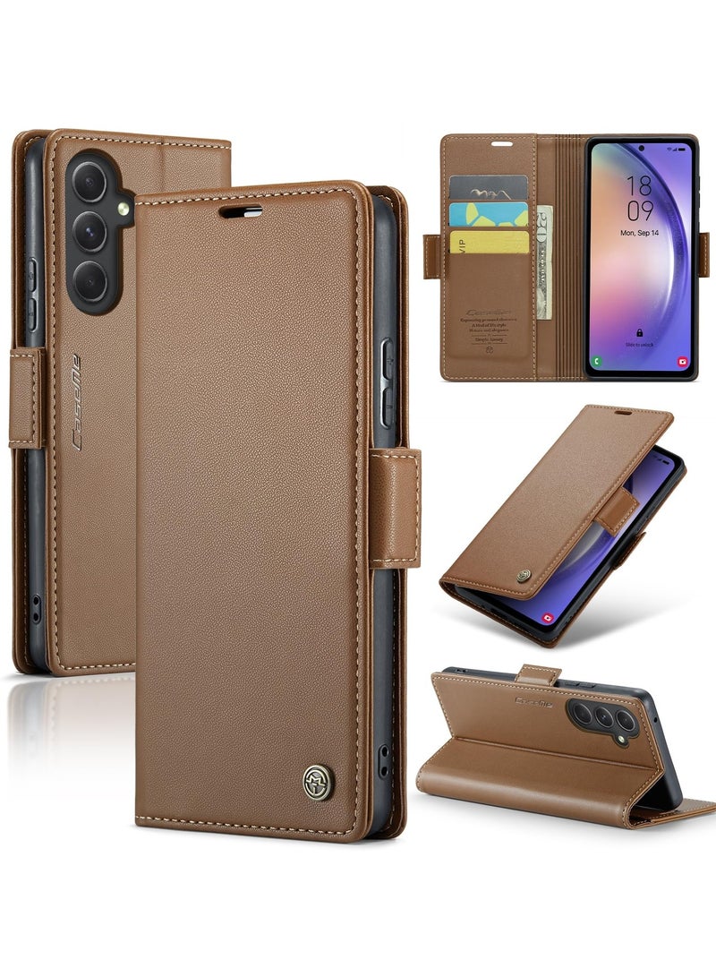 CaseMe Phone Case Luxury PU Leather Design Anti Fingerprint 023 Flip Cover Card Slot Holder Cover For Samsung Galaxy A54 (Brown) - Image 1