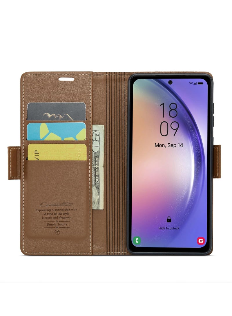 CaseMe Phone Case Luxury PU Leather Design Anti Fingerprint 023 Flip Cover Card Slot Holder Cover For Samsung Galaxy A54 (Brown) - Image 4