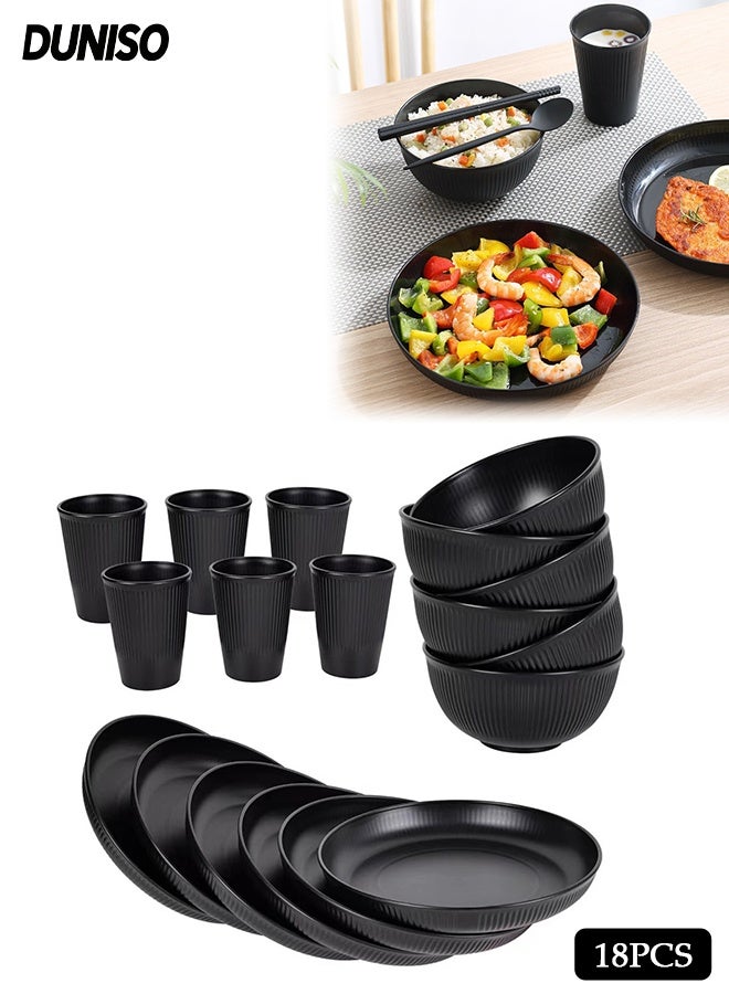 DUNISO 18 Pieces Wheat Straw Dinnerware Sets,Reusable Dinner Plate Set for Kitchen Outdoor Camping ,Unbreakable Cups,Plates and Bowls(Black) - Image 1