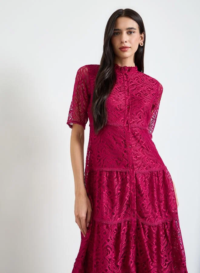 Styli Magenta Lace Overlay Tiered Midi Dress