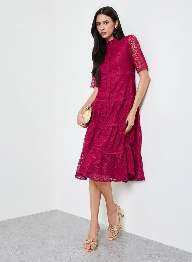 Styli Magenta Lace Overlay Tiered Midi Dress
