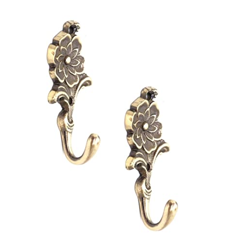FAPBADRI Multipurpose Hooks, Used to Hang Clothes, Bags, Coats, Curtain Hold Backs, Keys, Colour - Antique Gold, Material - Brass, Flower Design, Screws and Wallplugs Included, Pack of 2 Pieces - Image 1