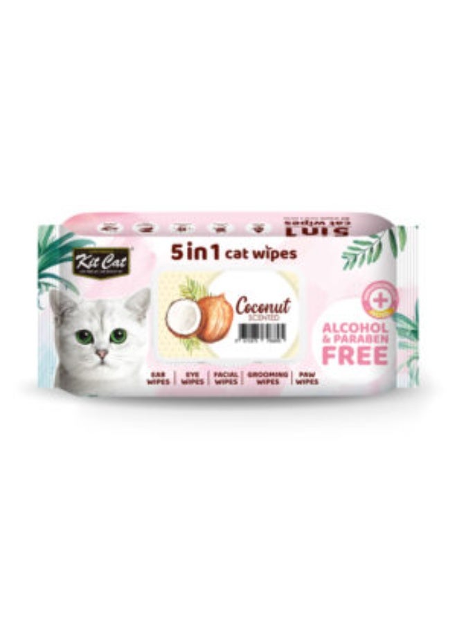 Kit Cat 5-in-1 Coconut Scented Ear Eye Face Grooming Paw Cat Wipes 80sheets 15X20Cm - Image 1