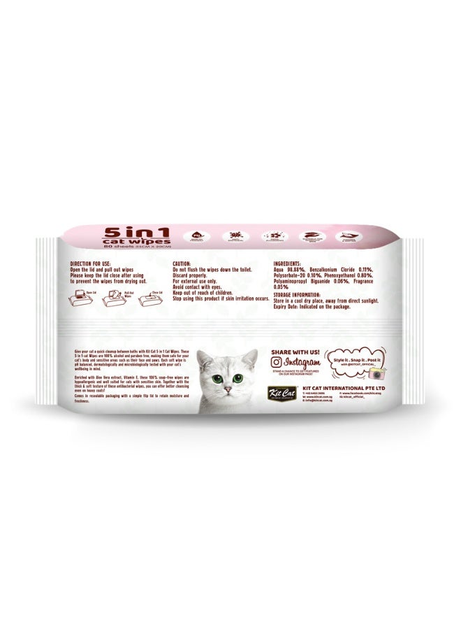 Kit Cat 5-in-1 Coconut Scented Ear Eye Face Grooming Paw Cat Wipes 80sheets 15X20Cm - Image 2