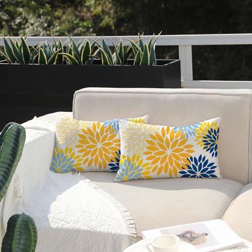 DFXSZ Yellow Blue Flower Pillow Covers 12x20 Inch Set of 2 Outdoor Throw Pillows Outdoor Waterproof Decor for Living Room Sofa Patio Funiture Garden Floral Polyester Pillow Covers 002J12 - Image 3