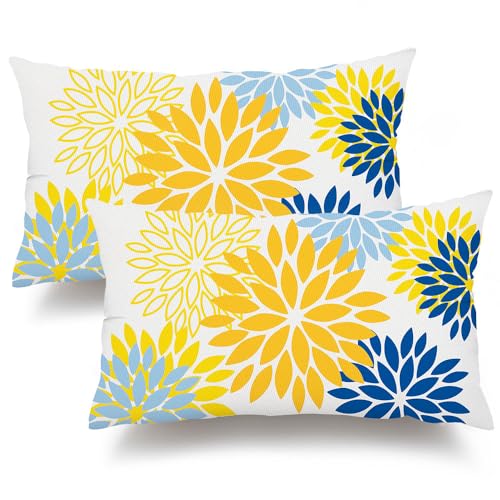 DFXSZ Yellow Blue Flower Pillow Covers 12x20 Inch Set of 2 Outdoor Throw Pillows Outdoor Waterproof Decor for Living Room Sofa Patio Funiture Garden Floral Polyester Pillow Covers 002J12 - Image 1