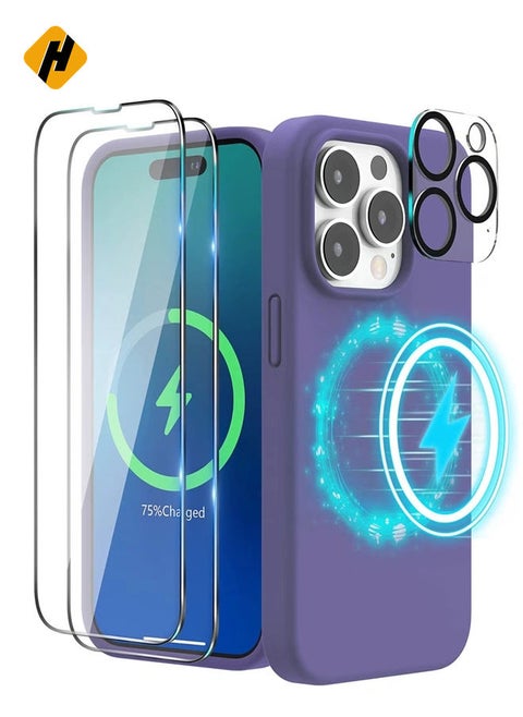 (4 in 1 iPhone 14 Pro MAX Case (6.7 inch 2022), Compatible with MagSafe, with 2 Screen Protector + 1 Camera Protector, Silicone Case for iPhone 14 Pro MAX (Purple)