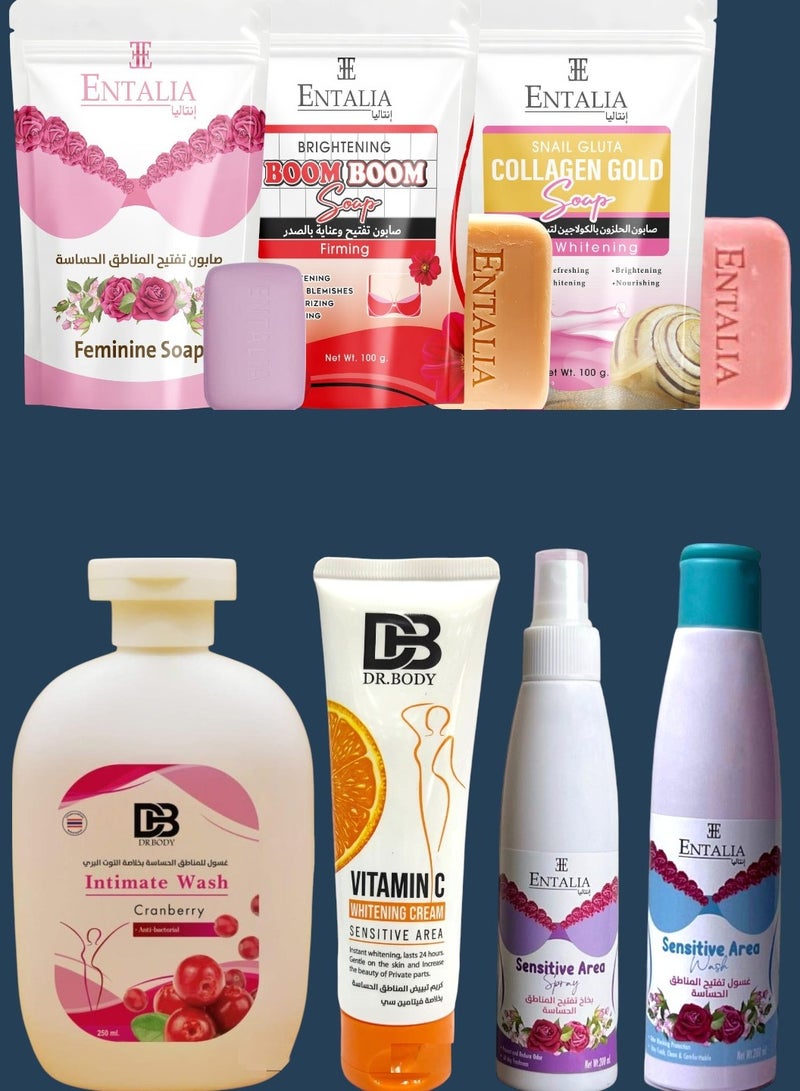 إنتاليا مجموعة تايلاندية متكاملة لتلطيف البشرة الحساسة التي تعطي لمسة حريرية وناعمة بشكل رهيب وأنيق والمكونه من صابون نسائي بخلاصة الورد لتلطيف البشرة الحساسة 100 غرام + صابون نسائي منظف منعش خالٍ من البكتيريا 100 غرام + صابون لتوحيد لون البشرة  100 غرام + بخاخ بخلاصة الورد لتلطيف البشرة الحساسة 200 مل + غسول بخلاصة الورد البشرة الحساسة 200 مل + كريم فوري بخلاصة فيتامين سي لتلطيف وتفتيح وتنعيم البشرة لمدة 24 ساعة يتميز بسرعة الإمتصاص 100 جرام + غسول للبشرة الحساسه بالتوت البري  250 مل