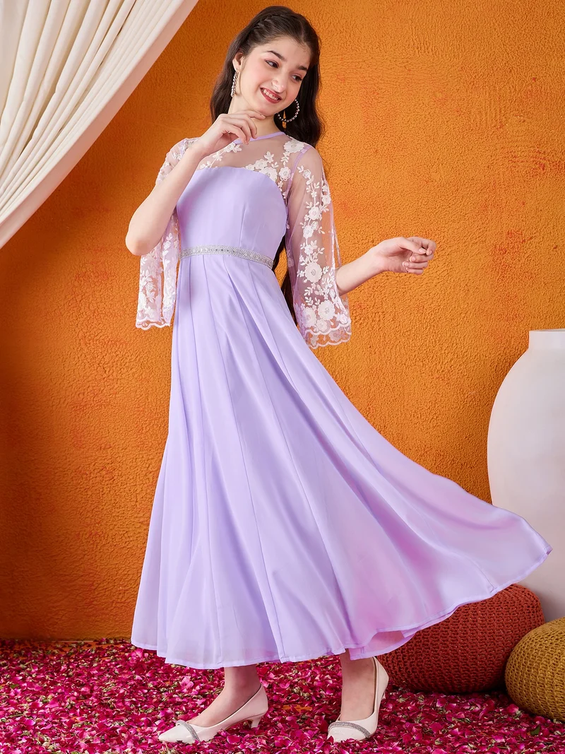 Cherry & Jerry Cherry & Jerry Woven 3/4th Sleeves Embroidered Flared Maxi Dresses-Mauve