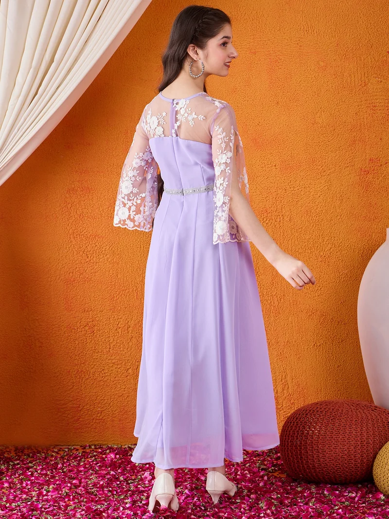 Cherry & Jerry Cherry & Jerry Woven 3/4th Sleeves Embroidered Flared Maxi Dresses-Mauve