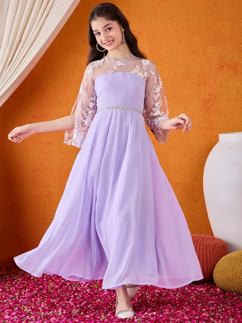 Cherry & Jerry Cherry & Jerry Woven 3/4th Sleeves Embroidered Flared Maxi Dresses-Mauve