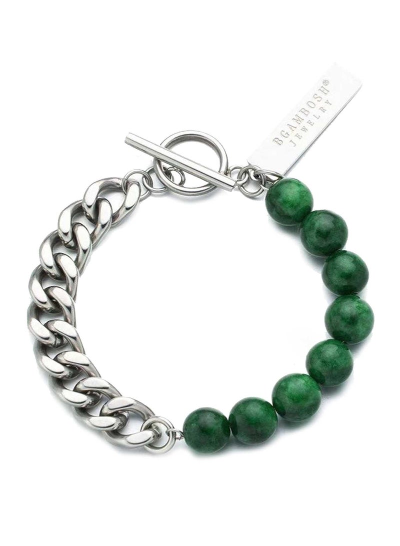 KAAF CREATIONS Designer Toggle Bracelet with Green Jade Beads and Stainless Steel Chain, Silver - Image 1