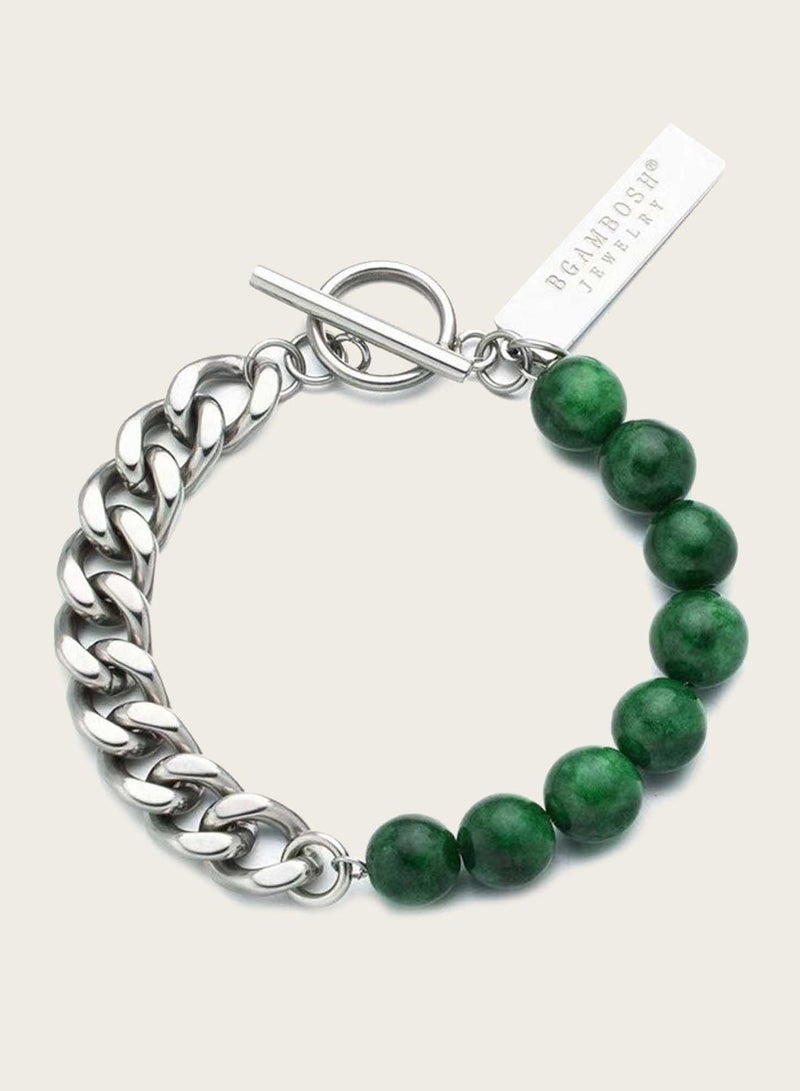 KAAF CREATIONS Designer Toggle Bracelet with Green Jade Beads and Stainless Steel Chain, Silver - Image 2