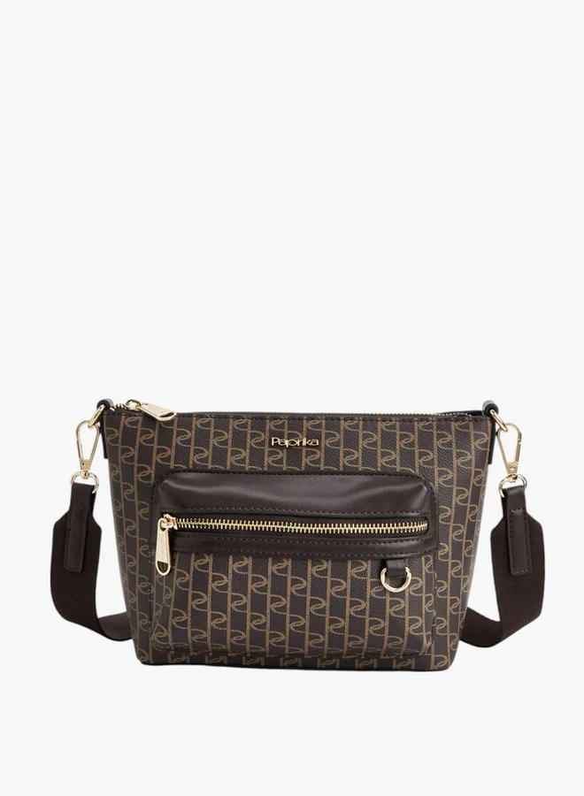 Paprika Women Monogram Print Crossbody Bag with Detachable Strap and Zip Closure