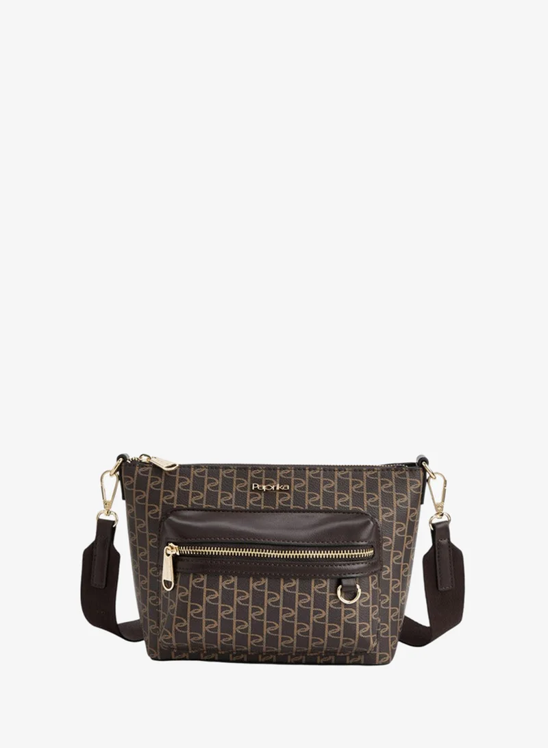 Paprika Women Monogram Print Crossbody Bag with Detachable Strap and Zip Closure