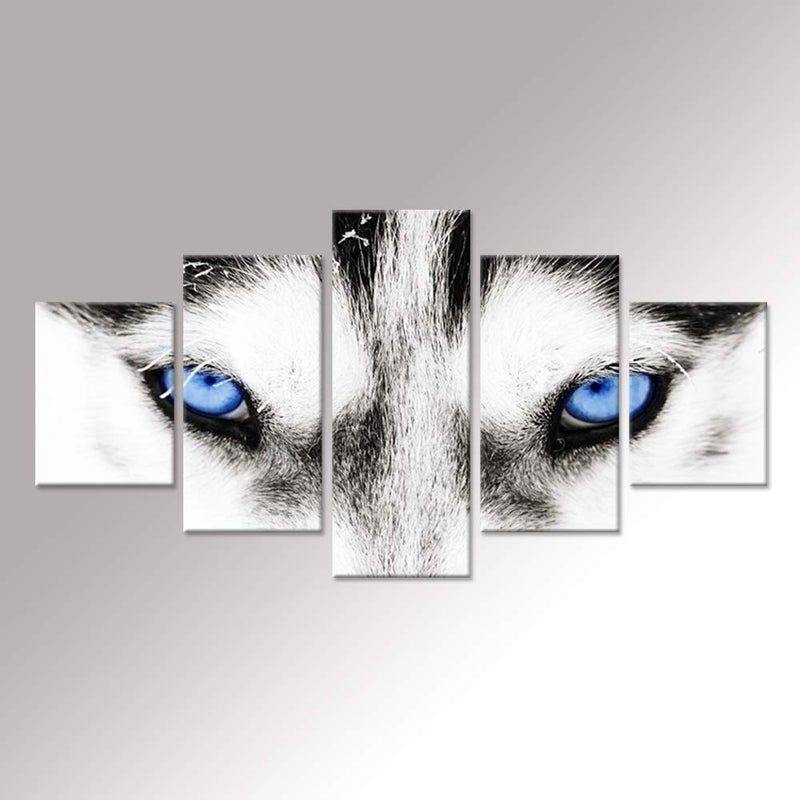 iHAPPYWALL Large 5 Pieces Wolf Canvas Wall Art Black and White Wolf Dog Blue Eyes Animal Face Head Series Abstract Picture Painting Artwork for Living Room Home Decor Ready to Hang