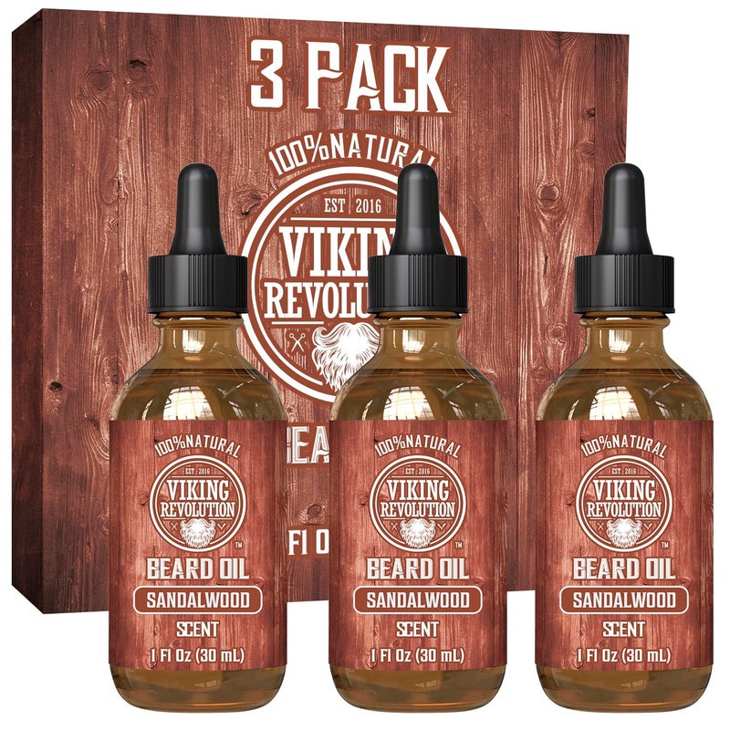Viking Revolution Sandalwood Beard Oil for Men Natural Mens Beard Oil with Argan Oil and Jojoba Oil Beard Softener Strengthens and Moisturizes Beard Conditioner for Men Sandalwood 3 Pack