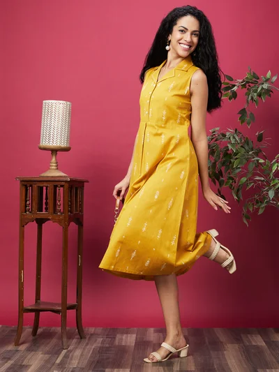 جلو باص Globus Women Yellow Ethnic Motifs Printed Cuban Collar A-Line Ethnic Dress