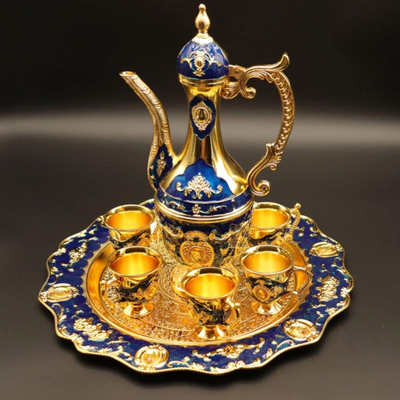 Turkish Tea Set, Upgraded Large Size Vintage Turkish Tea Cups with Teapot Tray and 6 Cups Turkish Coffee Set Middle Eastern Style Arabic Tea Set for Home Decoration Party Gifts Wedding etc.(Blue)
