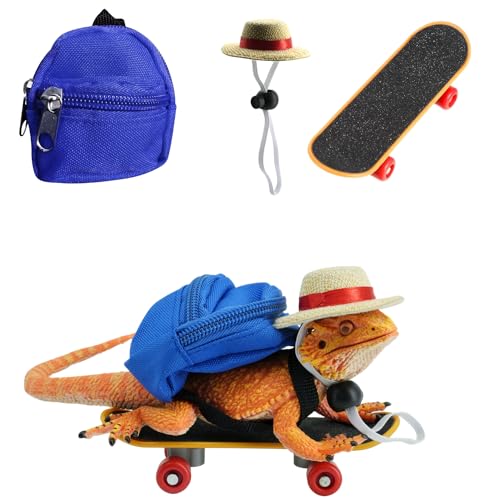TTMIMIK 3 Pack Bearded Dragons Accessories Toy Lizard Backpack Adjustable Hat and Mini Skateboard Fit for Lizard Bearded Dragons Hamster Parrot Little Turtle Reptiles Small Animals - Image 1