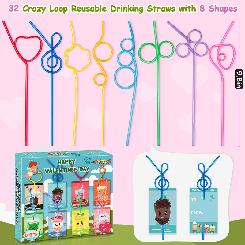 V-Opitos Valentines Day Cards for Kids School - 32 Crazy Loop Reusable Drinking Straws with Colorful Cards, Valentine Party Favors for Boys & Girls, Kids Exchange Cards for Classroom, Ideal Valentine Gifts - Image 3