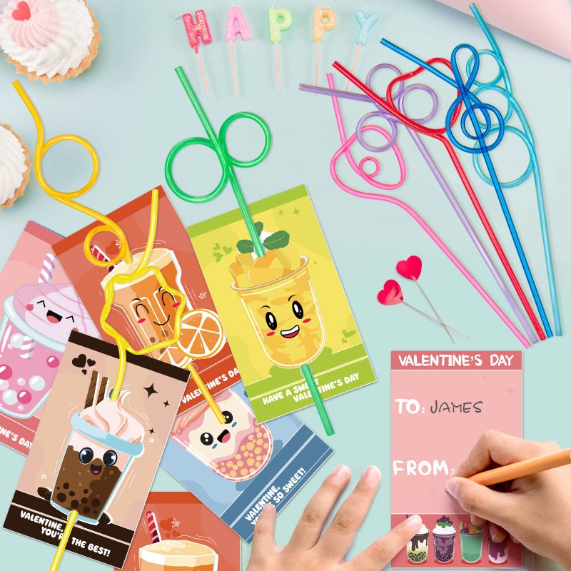V-Opitos Valentines Day Cards for Kids School - 32 Crazy Loop Reusable Drinking Straws with Colorful Cards, Valentine Party Favors for Boys & Girls, Kids Exchange Cards for Classroom, Ideal Valentine Gifts - Image 4