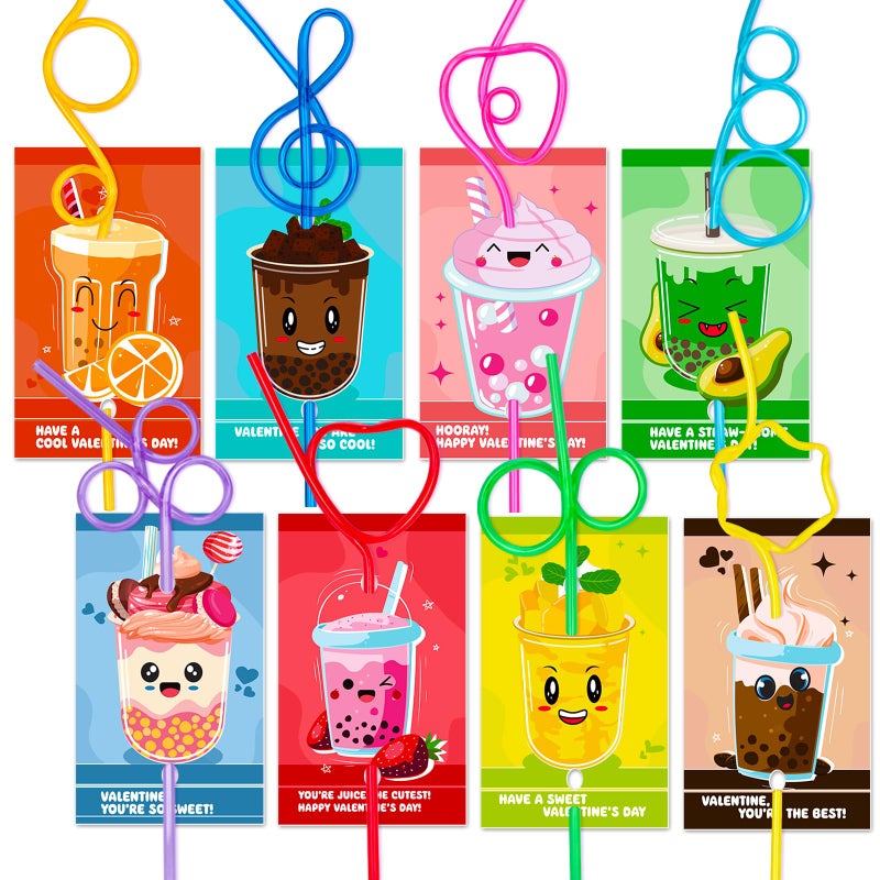 V-Opitos Valentines Day Cards for Kids School - 32 Crazy Loop Reusable Drinking Straws with Colorful Cards, Valentine Party Favors for Boys & Girls, Kids Exchange Cards for Classroom, Ideal Valentine Gifts - Image 1