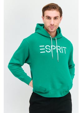 Men Hood Neck Brand Logo Long Sleeves Hoodie, Green