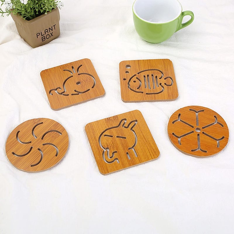 Wolpin Wood Table Coasters (Pack of 6 Pcs) Bamboo Tea Coasters Heat Insulation Pad for Glass Tea Cups Mugs/Bowl Anti-Slip Tumblers Jars (9.5 x 9.5 cm) Multifunctional - Image 3
