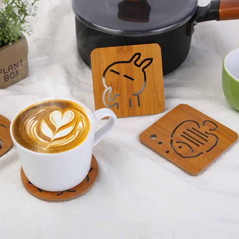 Wolpin Wood Table Coasters (Pack of 6 Pcs) Bamboo Tea Coasters Heat Insulation Pad for Glass Tea Cups Mugs/Bowl Anti-Slip Tumblers Jars (9.5 x 9.5 cm) Multifunctional - Image 4