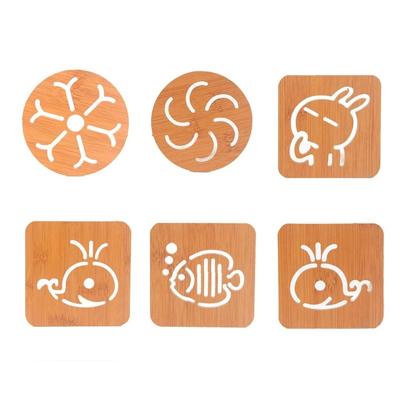 Wolpin Wood Table Coasters (Pack of 6 Pcs) Bamboo Tea Coasters Heat Insulation Pad for Glass Tea Cups Mugs/Bowl Anti-Slip Tumblers Jars (9.5 x 9.5 cm) Multifunctional - Image 2
