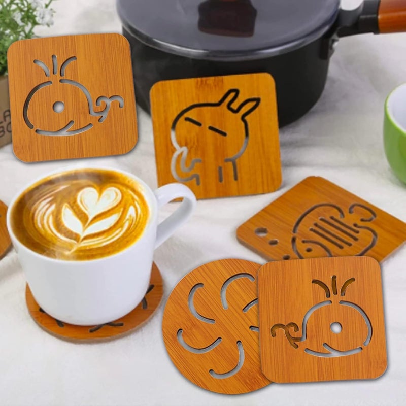 Wolpin Wood Table Coasters (Pack of 6 Pcs) Bamboo Tea Coasters Heat Insulation Pad for Glass Tea Cups Mugs/Bowl Anti-Slip Tumblers Jars (9.5 x 9.5 cm) Multifunctional - Image 1