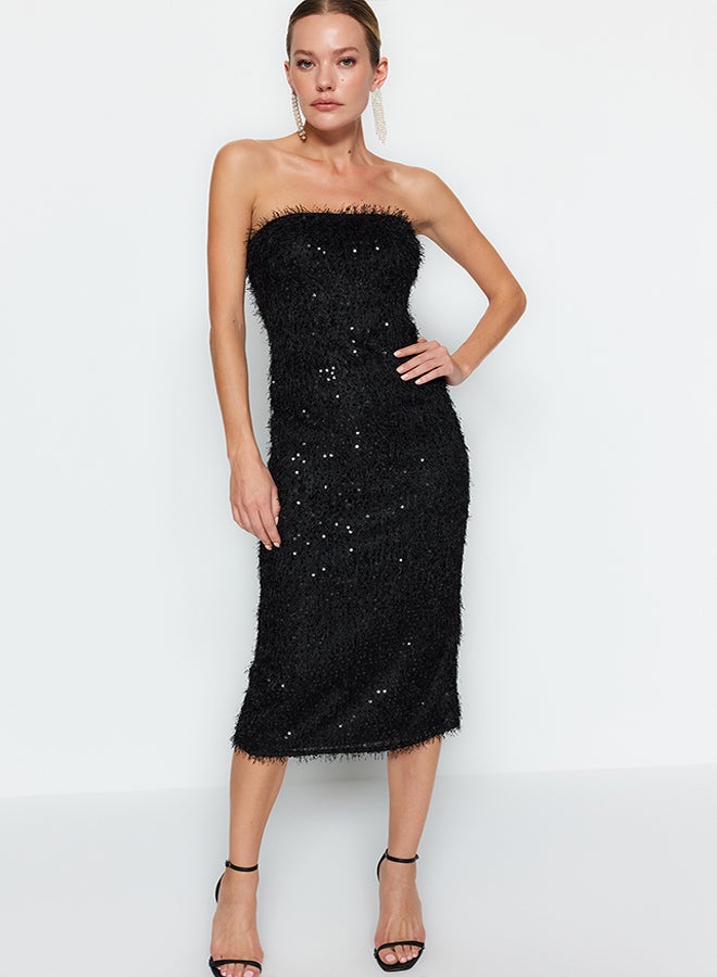 trendyol Black Fringed Sequin Elegant Evening Dress TPRAW24EL00277  - Image 1