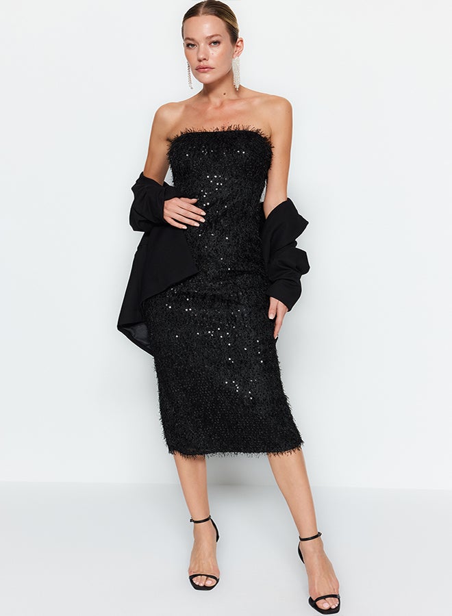 trendyol Black Fringed Sequin Elegant Evening Dress TPRAW24EL00277  - Image 2