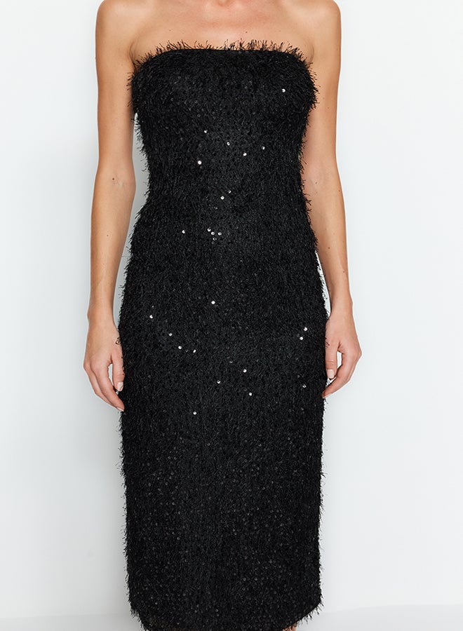 trendyol Black Fringed Sequin Elegant Evening Dress TPRAW24EL00277  - Image 5